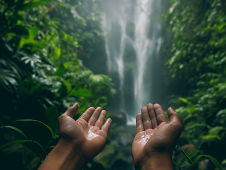 Two open hands are extended towards a cascading waterfall, surrounded by dense, vibrant green foliage.の素材