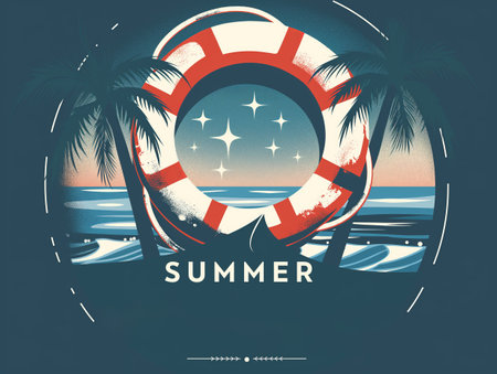 A stylized summer beach scene featuring a lifebuoy, palm trees, and a sunset over the ocean, with the word SUMMER at the bottom.の素材