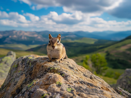 A chipmunk sits on a rocky outcrop, with a scenic mountain landscape and cloudy sky in the background.の素材