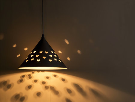 A black conical lamp with heart-shaped cutouts casts warm, heart-shaped shadows on a beige wall.の素材