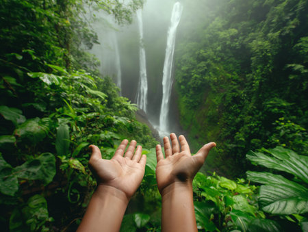 Two hands are extended towards a distant waterfall surrounded by dense, vibrant green foliage.の素材