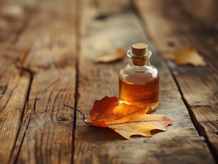 A small glass bottle with a cork stopper, filled with amber liquid, sits on a rustic wooden table next to a dried autumn leaf.の素材