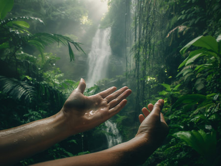 Two hands, wet with water, are extended towards a distant waterfall surrounded by dense, green foliage in a misty jungle.の素材