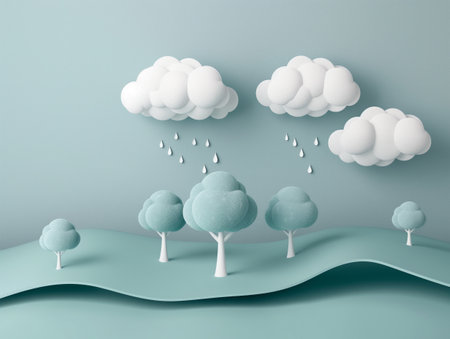 A minimalist landscape features fluffy clouds, raindrops, and stylized trees on rolling hills in soft pastel colors.の素材