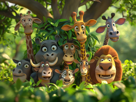 A group of animated jungle animals, including giraffes, a lion, a hippo, and others, smiling amidst lush greenery.の素材