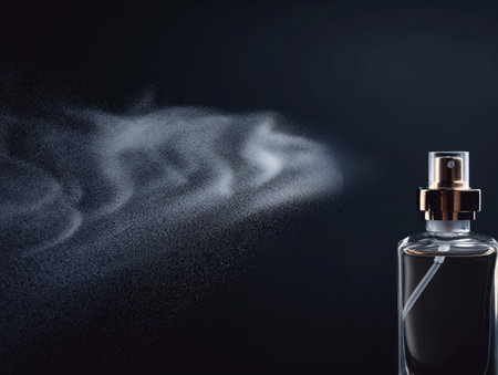 A perfume bottle releases a fine mist against a dark background, highlighting the sprays delicate particles.の素材