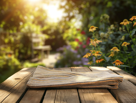 A folded cloth rests on a wooden table in a sunlit garden with blooming yellow flowers and greenery.の素材
