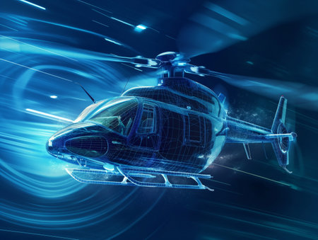 A sleek, futuristic helicopter rendered in a digital blue wireframe, flying through a dynamic, abstract background.の素材