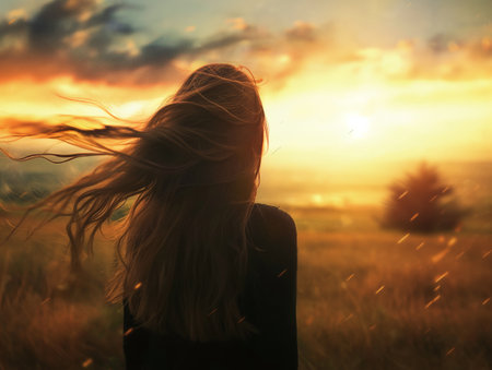 A woman with long hair stands in a field, her hair flowing in the wind, as the sun sets, casting a warm glow.の素材