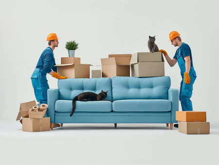 Two movers in blue uniforms and orange helmets with cats and cardboard boxes on a blue sofa. Concept of moving and relocation.の素材