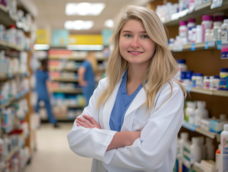 Smiling pharmacist in a white coat stands confidently in a pharmacy aisle, surrounded by shelves of medications.の素材