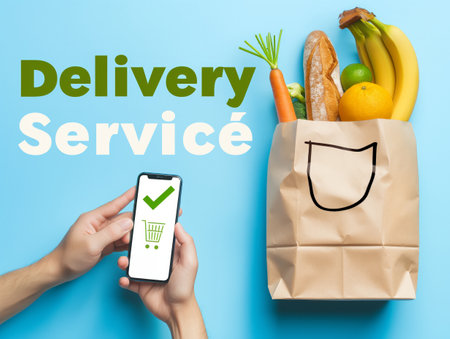 Hands holding a smartphone with a checkmark, next to a paper bag filled with groceries, symbolizing online grocery delivery service.の素材