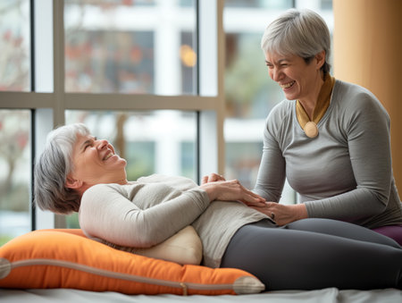 Two senior women laughing and enjoying a relaxing moment together indoors, promoting wellness and friendship.の素材
