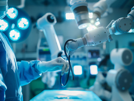 Surgeon operates with robotic arms in a high-tech operating room, showcasing advanced medical technology.の素材