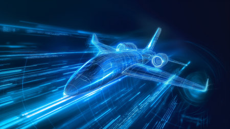 A glowing blue digital blueprint of a jet aircraft, showcasing its design and speed in a high-tech, futuristic style.の素材