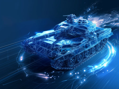 A glowing, wireframe digital tank moves swiftly through a dark blue, high-tech environment, emitting light trails.の素材