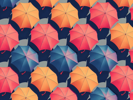 A vibrant pattern of overlapping umbrellas in shades of orange, red, and blue on a dark background.の素材