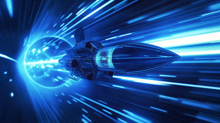 A sleek, futuristic spaceship speeds through a vibrant blue hyperspace tunnel, leaving streaks of light in its wake.の素材