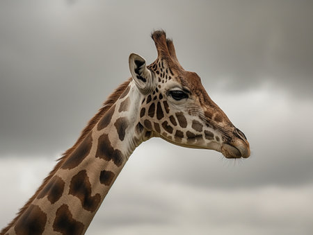 Close-up of a giraffes head and neck with a cloudy sky in the background, showcasing its unique patterns.の素材