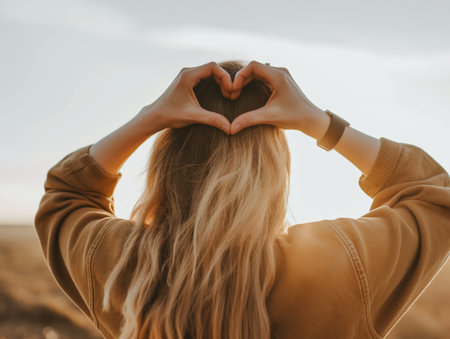 A woman with long blonde hair forms a heart shape with her hands against a sunset sky, wearing a brown jacket.の素材