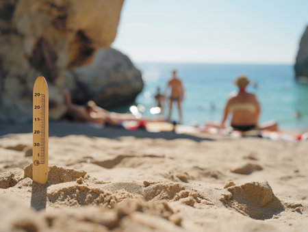 A wooden thermometer is stuck in the sand on a sunny beach. In the background, people are relaxing near the sea.の素材
