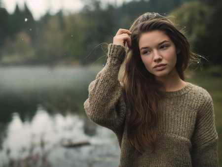 A young woman in a cozy sweater stands pensively by a misty lake, surrounded by nature.の素材