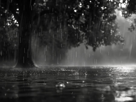 A black and white image captures raindrops falling under a large tree, creating ripples in the water below.の素材