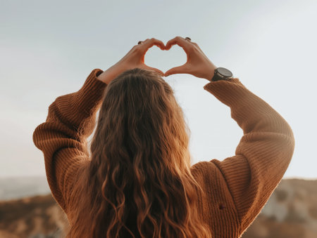 A woman with long, wavy hair forms a heart shape with her hands against a sunset sky, wearing a brown sweater and a watch.の素材