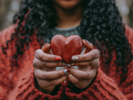 Close-up of hands holding a red heart, with a person in a red sweater in the background.の素材