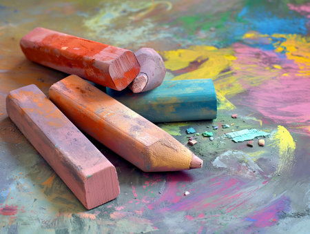 Four vibrant chalk pastels in orange, blue, and pink lie on a multicolored, smudged surface.の素材