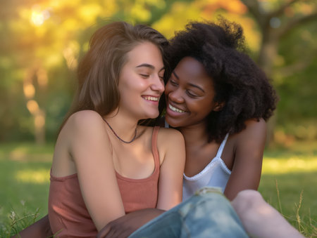 Two women sit closely together on grass, smiling and enjoying a sunny day in a park with blurred green and yellow foliage in the background.の素材