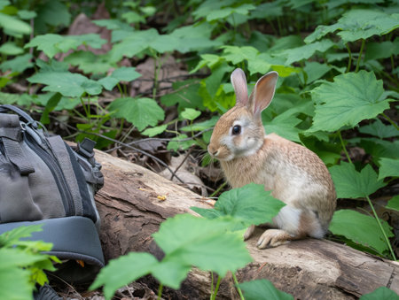 A small rabbit sits on a log in a lush forest, next to a gray backpack. Green leaves surround the scene.の素材