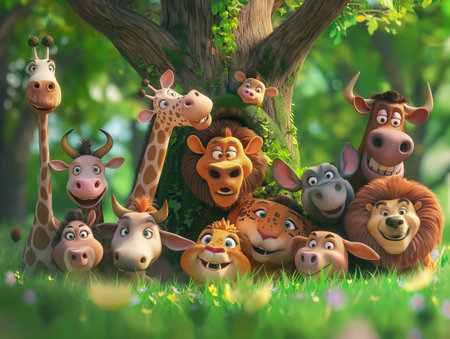 A group of animated animals, including lions, giraffes, and a tiger, gather around a tree in a lush forest.の素材