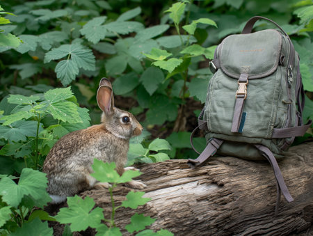 A rabbit sits on a log next to a green backpack in a lush forest, surrounded by green leaves.の素材