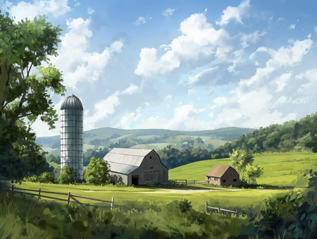 A tranquil farm scene with a barn, silo, and small shed surrounded by lush green fields and rolling hills under a partly cloudy sky.の素材