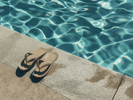 A pair of beige flip-flops rests on the edge of a pool, with sunlight reflecting off the water.の素材