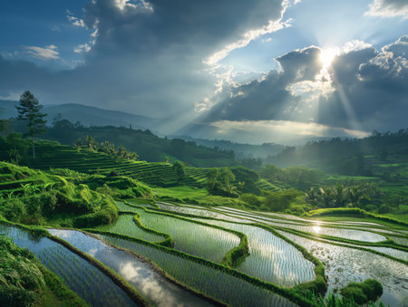 Sunlight breaks through clouds, illuminating lush green terraced rice fields and reflecting in the water.の素材
