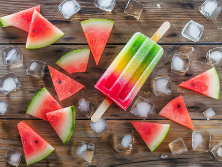 A vibrant popsicle with green, yellow, and red layers lies among fresh watermelon slices and ice cubes on a wooden table.の素材
