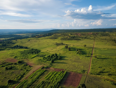 Expansive green fields stretch to the horizon under a blue sky with scattered clouds, showcasing a rural landscape.の素材
