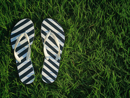 A pair of black and white striped flip-flops with white straps lies on lush green grass, bathed in sunlight.の素材