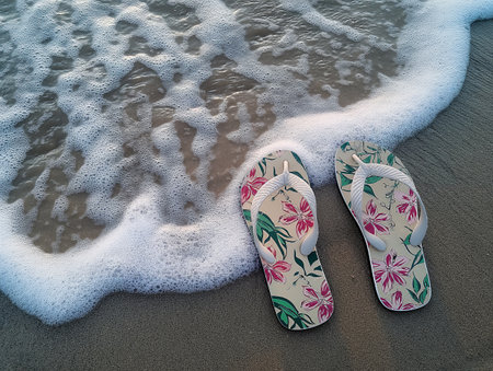 Floral flip-flops rest on wet sand as gentle ocean waves with white foam approach the shore.の素材