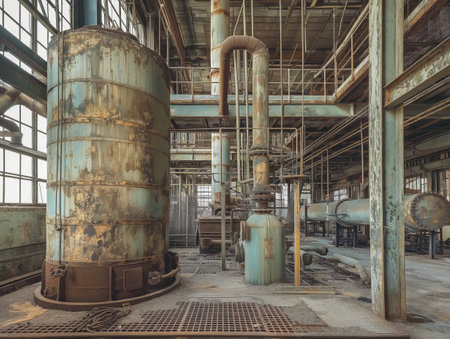 An abandoned industrial facility with rusted machinery, large tanks, and intricate piping. The scene is filled with decay and neglect, showcasing the remnants of a once-active factory.の素材