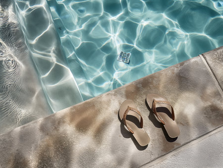 A pair of beige sandals rests on the edge of a sunlit pool, with shimmering water reflecting light.の素材