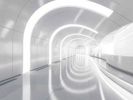 A sleek, futuristic corridor with curved white walls and bright, integrated lighting, creating a clean, modern aesthetic.の素材