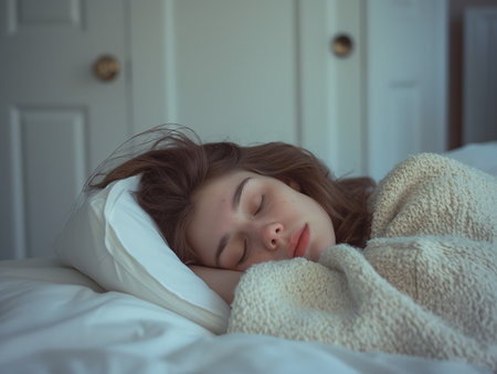 A young woman with brown hair sleeps peacefully on a white pillow, wrapped in a cozy blanket.の素材