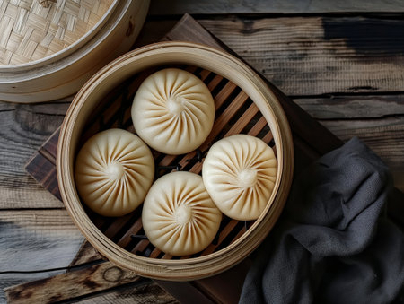 Four perfectly pleated steamed buns sit in a bamboo steamer on a rustic wooden table, accompanied by a dark cloth.の素材