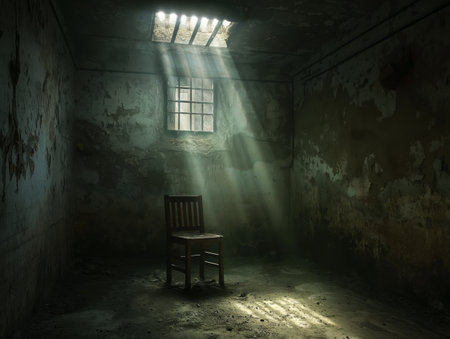 A single wooden chair sits in an abandoned, decaying room. Sunlight streams through a barred window, casting dramatic shadows.の素材