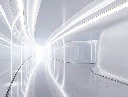 A sleek, futuristic white corridor with smooth, curved lines and bright, integrated lighting creating a clean, modern aesthetic.の素材