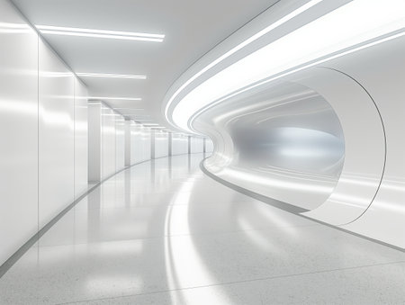 A sleek, futuristic white corridor with smooth, curved walls and bright overhead lighting, creating a clean, modern aesthetic.の素材
