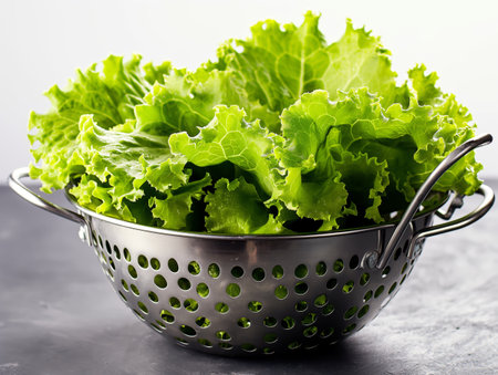 A metal colander filled with vibrant green lettuce leaves sits on a gray surface, showcasing their freshness.の素材